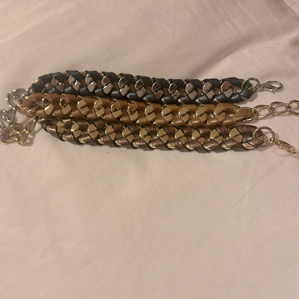 Three leather and metal 8 inch bracelets navy/ silver. Tan/gold and brown/gold